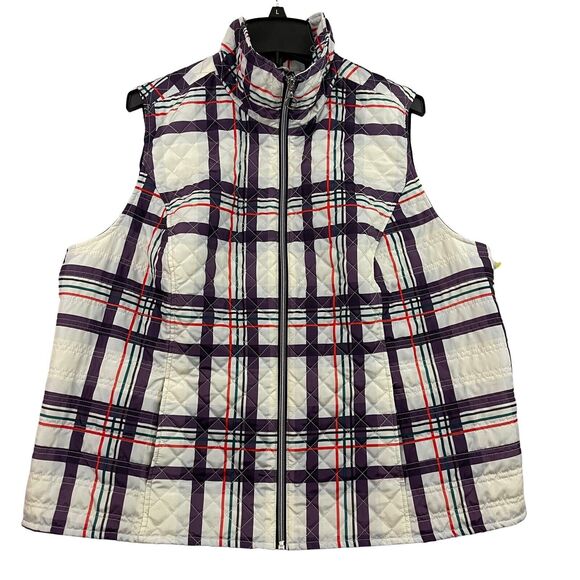 Christopher CJ Banks Quilted Vest Womens XL White & Purple Plaid Snap Button - Picture 1 of 11